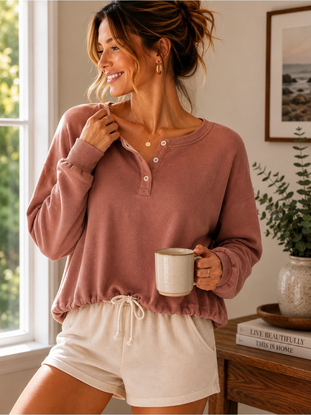 American Eagle Outfitters Dusty Rose Henley Drawcord Sweatshirt
